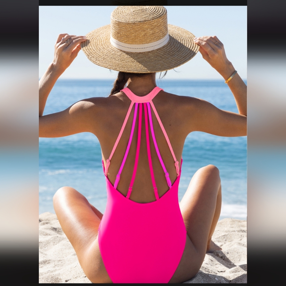 NWT Popvil Back Strappy Plunge Color Block One Piece Swimsuit Pink size Small